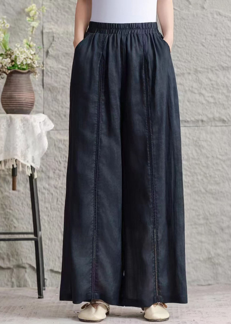 Plus Size Green Pockets Hollow Out Patchwork Linen Pants Summer