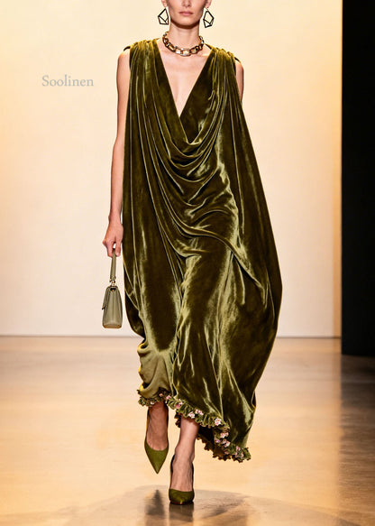 Plus Size Green Ruffled Floral Patchwork Velvet Robe Dresses Sleeveless