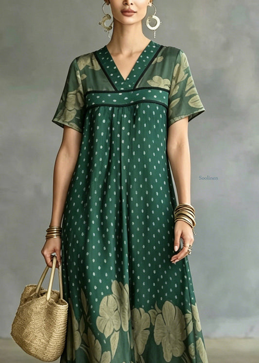 Plus Size Green V Neck Patchwork Ice Silk Long Dress Short Sleeve