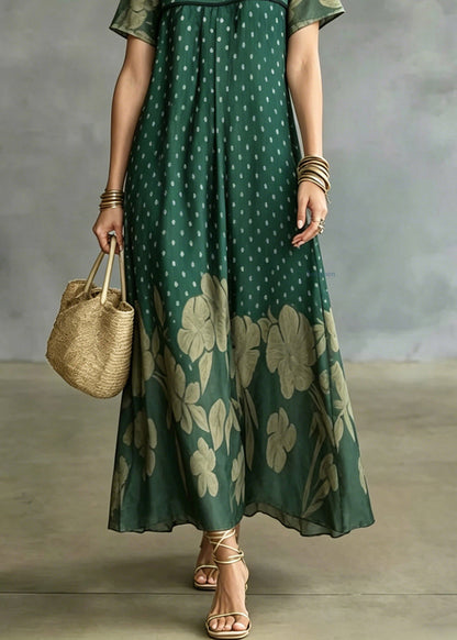 Plus Size Green V Neck Patchwork Ice Silk Long Dress Short Sleeve
