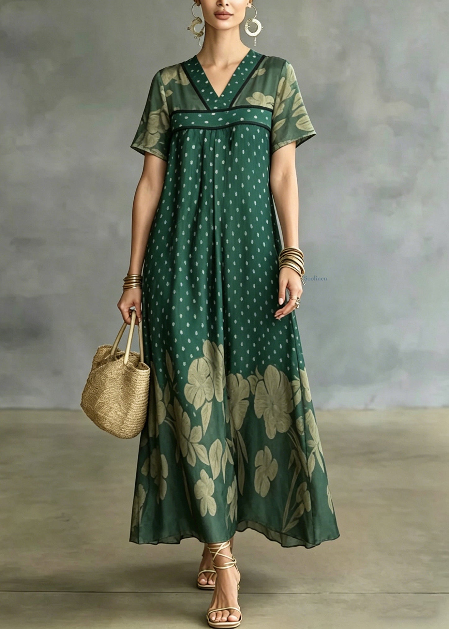 Plus Size Green V Neck Patchwork Ice Silk Long Dress Short Sleeve
