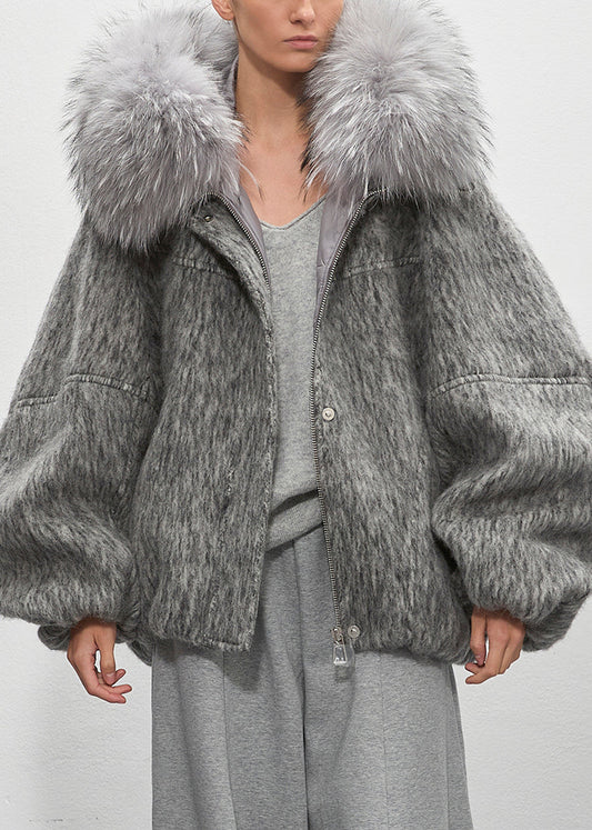 Plus Size Grey Fur Collar Zippered Duck Down Puffer Coat Winter