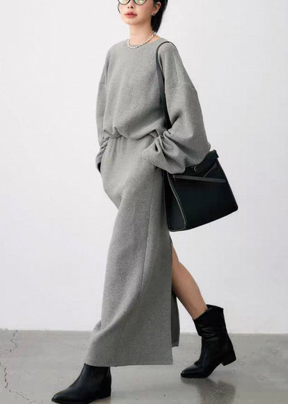 Plus Size Grey O Neck Side Open Sweatshirt And Skirts Cotton Two Pieces Set Fall