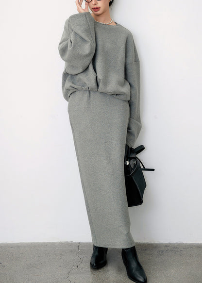 Plus Size Grey O Neck Side Open Sweatshirt And Skirts Cotton Two Pieces Set Fall