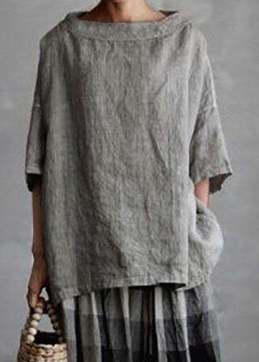 Plus Size Grey O-Neck Solid Patchwork T Shirts Summer