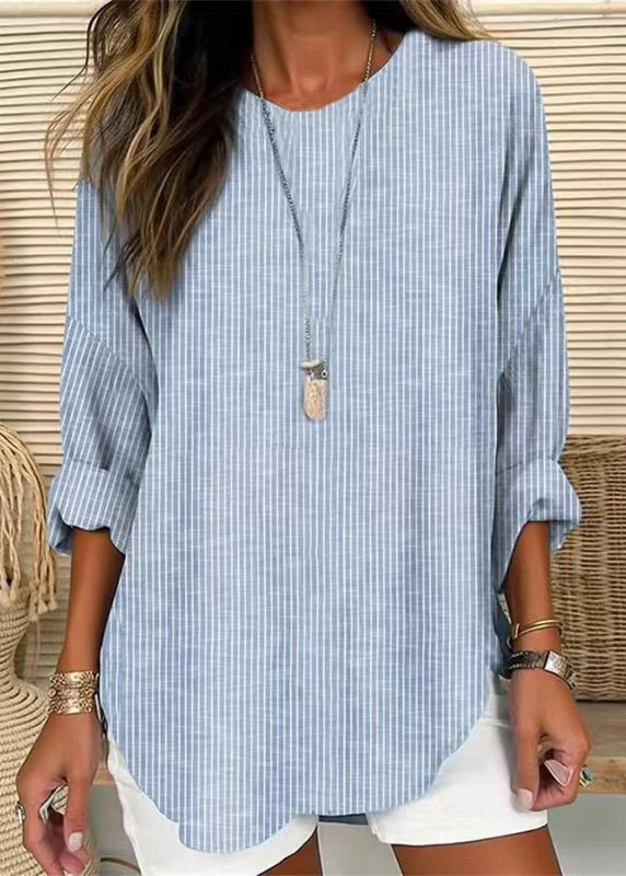 Plus Size Grey O Neck Striped Cotton Blouses Long Sleeve