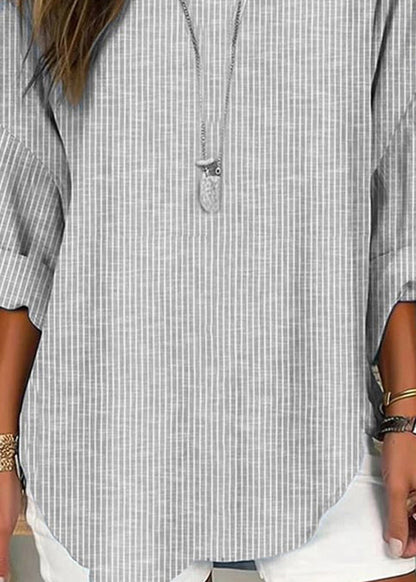 Plus Size Grey O Neck Striped Cotton Blouses Long Sleeve