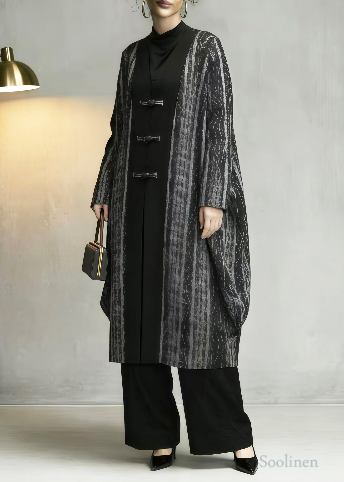 Plus Size Grey Oversized Patchwork Chinese Button Cotton Coats Spring