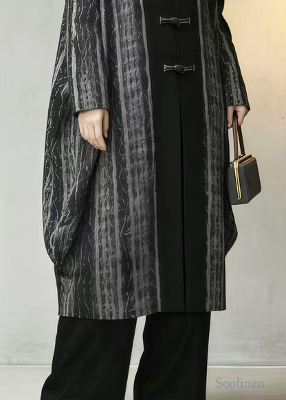 Plus Size Grey Oversized Patchwork Chinese Button Cotton Coats Spring