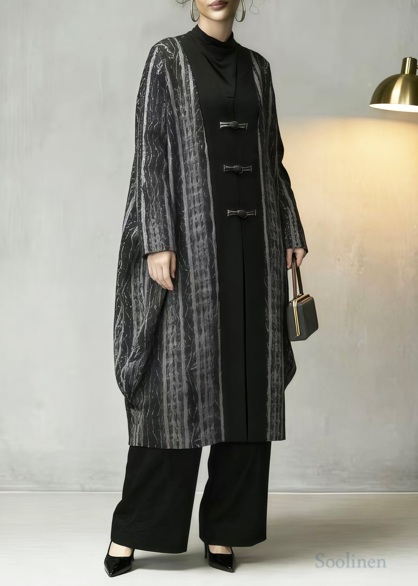 Plus Size Grey Oversized Patchwork Chinese Button Cotton Coats Spring