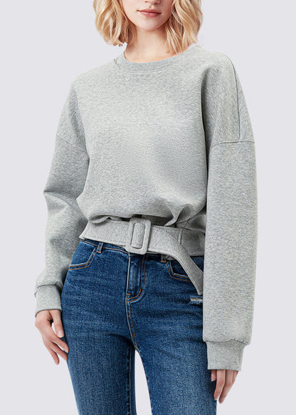 Plus Size Grey Patchwork Sashes Sweatshirt Lantern Sleeve