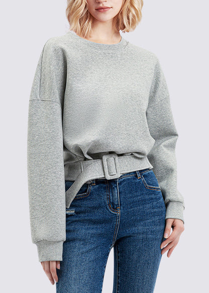 Plus Size Grey Patchwork Sashes Sweatshirt Lantern Sleeve