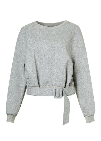 Plus Size Grey Patchwork Sashes Sweatshirt Lantern Sleeve