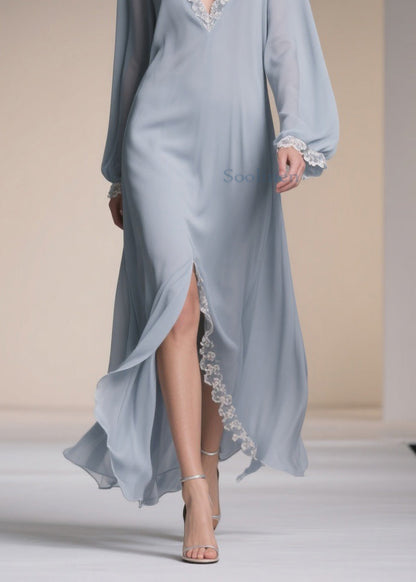 Plus Size Light Blue V Neck Lace Side Open Chiffon Dresses Spring