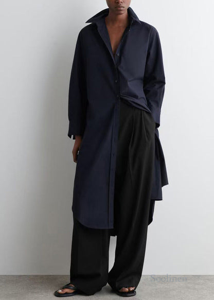 Plus Size Navy Peter Pan Collar Cotton Long Shitrs Tunic Dress Spring