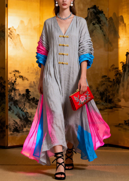 Plus Size New Colorblock V Neck Patchwork Cotton Dress Summer