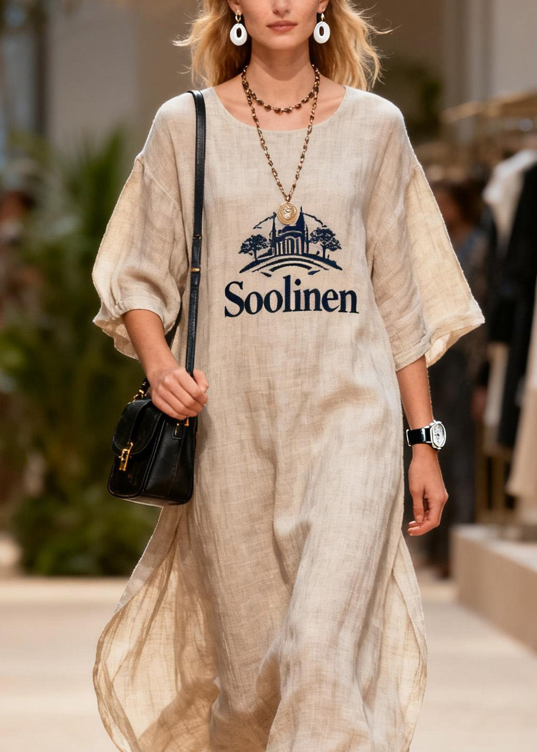 Plus Size O Neck Print Linen Long Dresses Summer