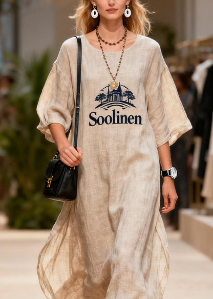 Plus Size O Neck Print Linen Long Dresses Summer