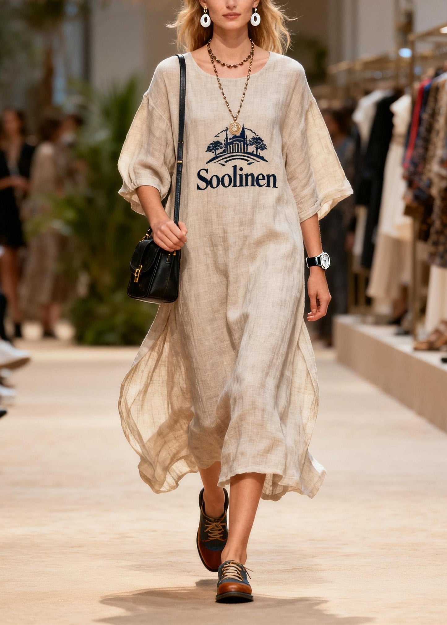 Plus Size O Neck Print Linen Long Dresses Summer
