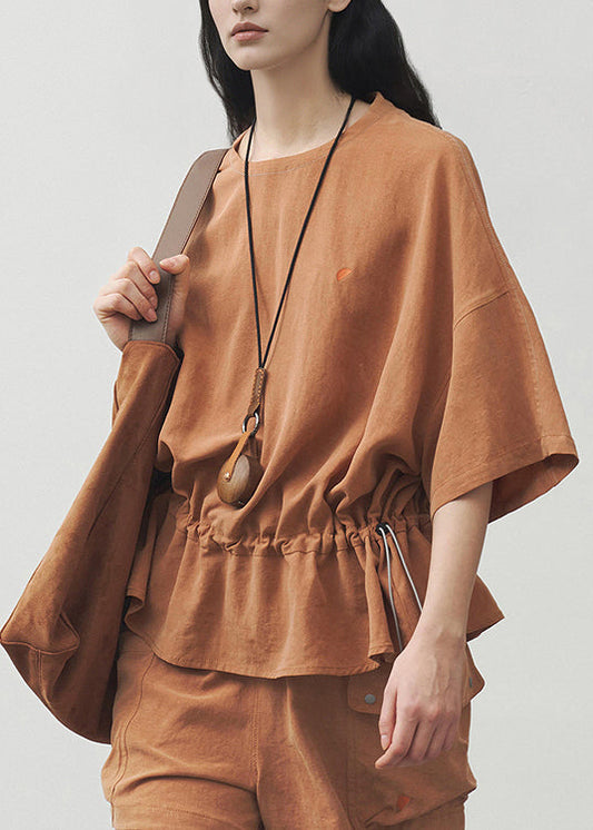 Plus Size Orange O Neck Drawstring Cotton T Shirt Summer