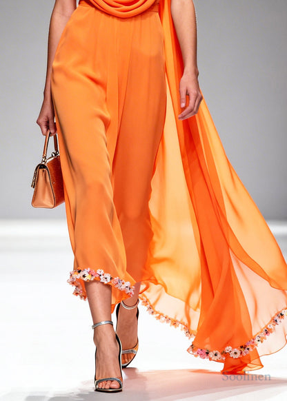 Plus Size Orange Turtle Neck Lace Patchwork Chiffon Dress Summer
