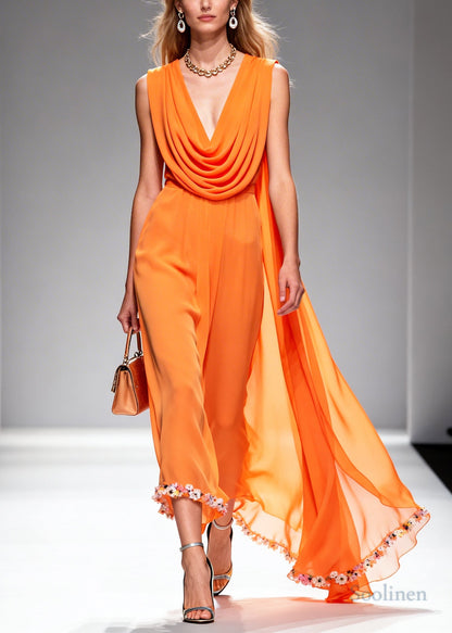Plus Size Orange Turtle Neck Lace Patchwork Chiffon Dress Summer
