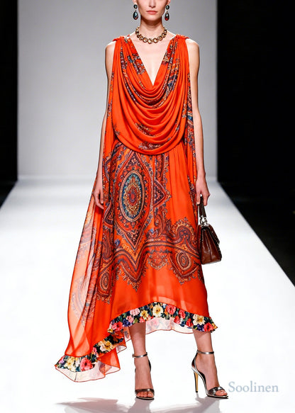Plus Size Orange Turtle Neck Print Chiffon Robe Dresses Summer