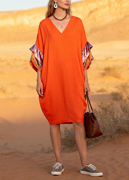 Plus Size Orange V Neck Patchwork Cotton Mid Dress Butterfly Sleeve