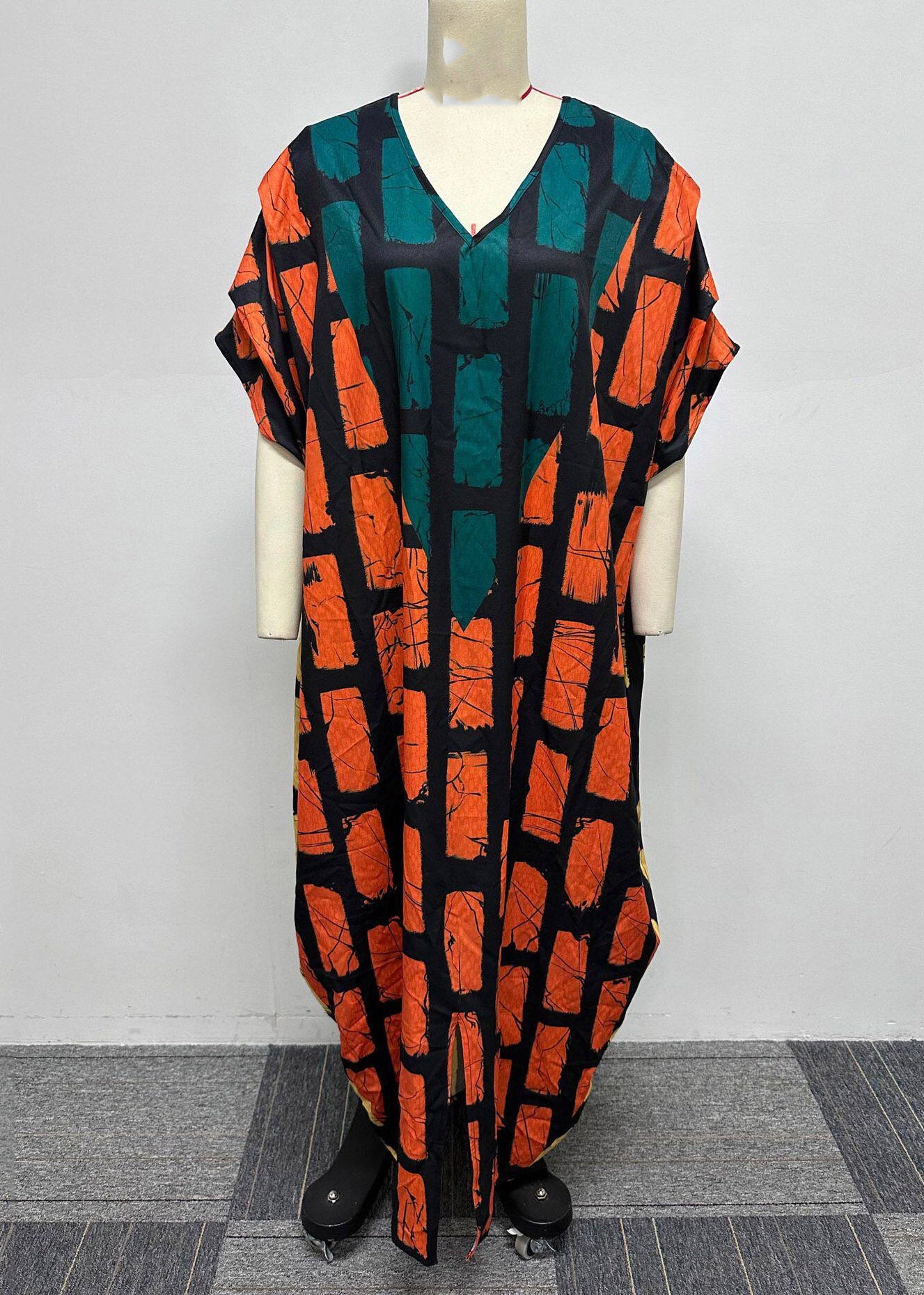 Plus Size Orange V Neck Plaid Holiday Long Dress Summer