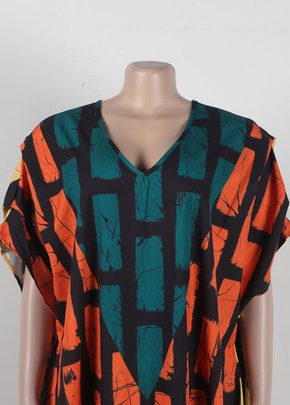 Plus Size Orange V Neck Plaid Holiday Long Dress Summer