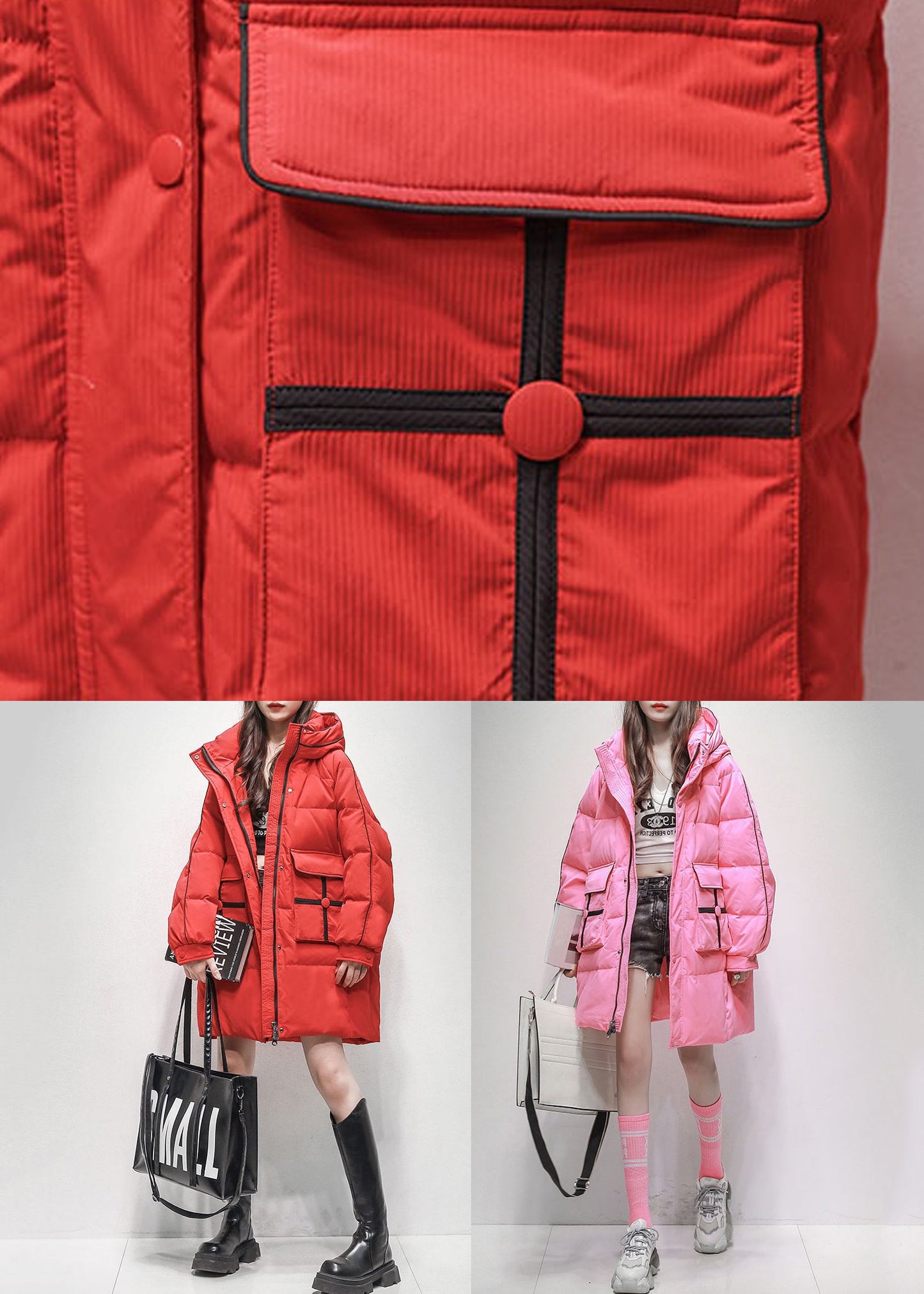 Plus Size Pink Hooded Pockets Duck Down Winter Coats Winter