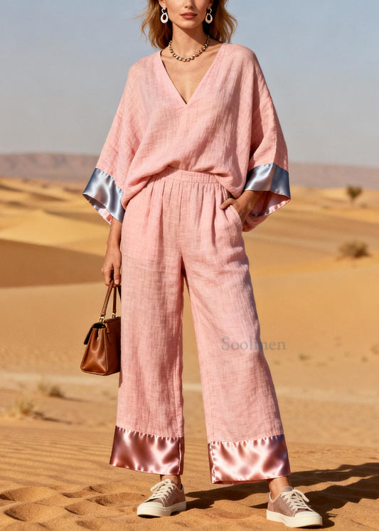 Plus Size Pink Oversized Patchwork Linen Silk Two Pieces Set Spring