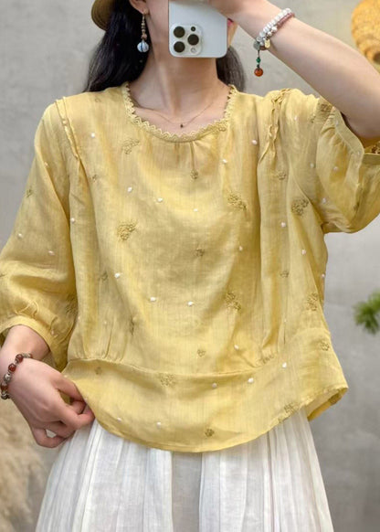 Plus Size Pink Patchwork Linen Shirts Embroidered Floral Summer