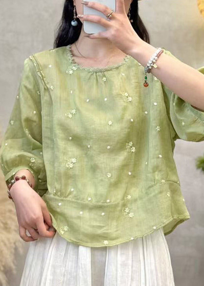 Plus Size Pink Patchwork Linen Shirts Embroidered Floral Summer