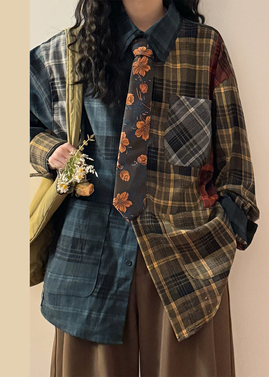 Plus Size Plaid Asymmetrical Pockets Patchwork Cotton Shirt Spring
