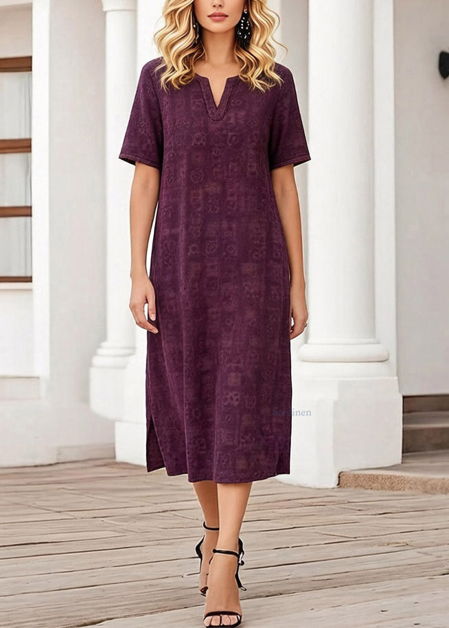 Plus Size Purple Print Patchwork Silk Long Dress Short Sleeve