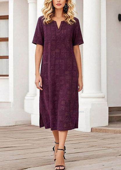 Plus Size Purple Print Patchwork Silk Long Dress Short Sleeve