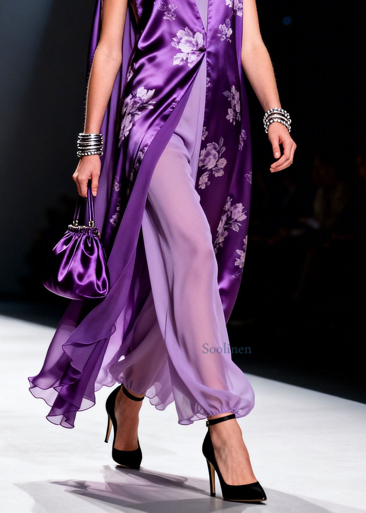 Plus Size Purple V Neck Print Chiffon Two Piece Suit Set Summer