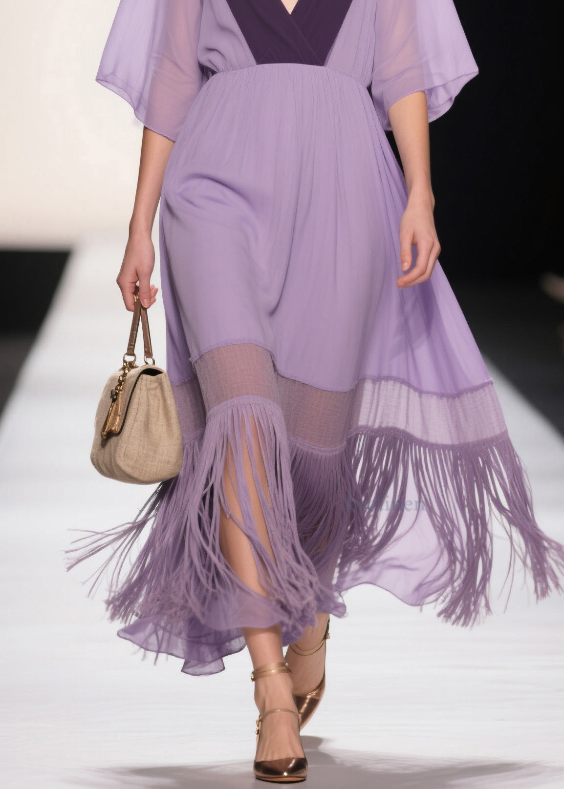 Plus Size Purple V Neck Tassel Patchwork Cotton Dress Summer