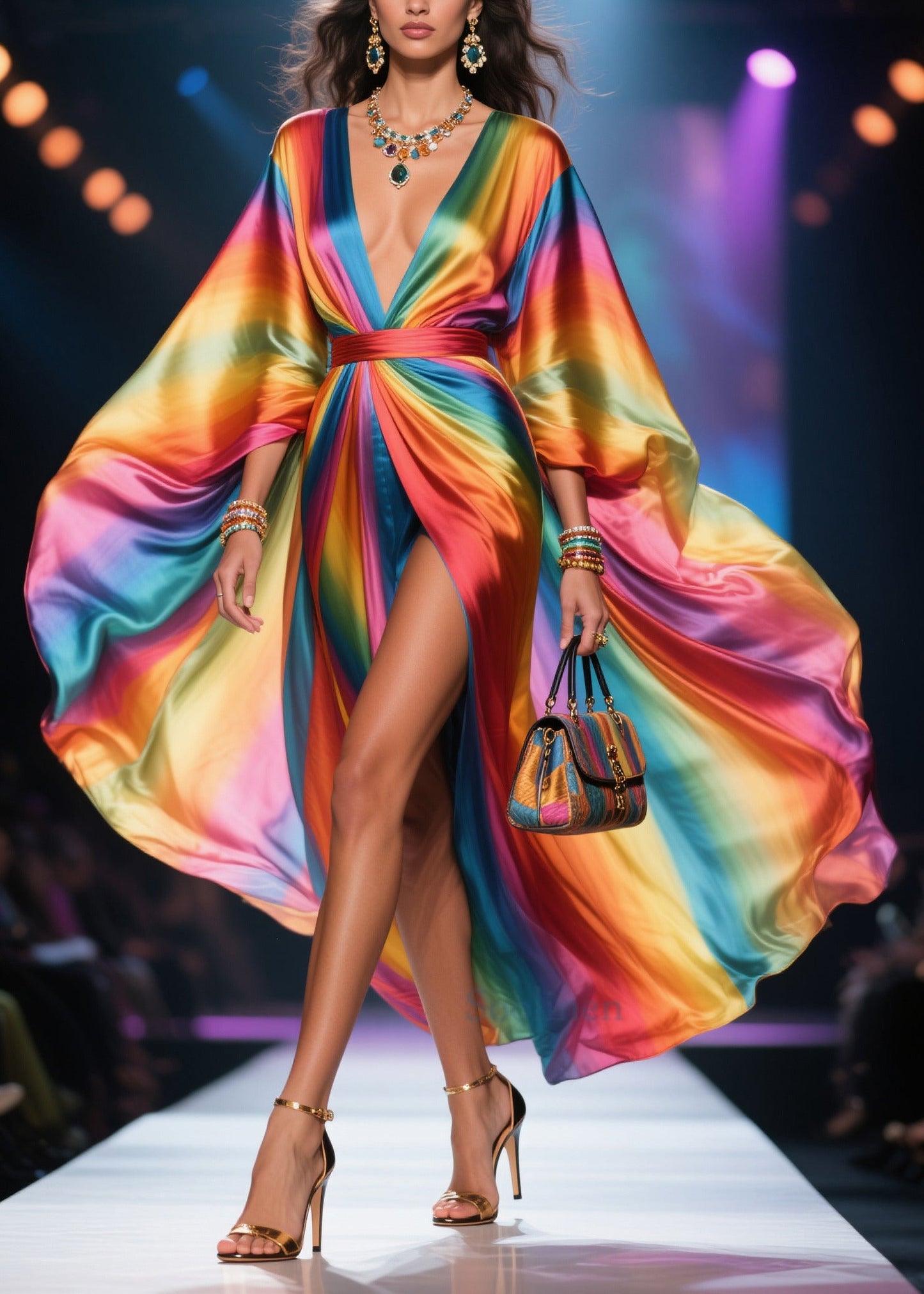 Plus Size Rainbow V Neck Exra Large Hem Chiffon Holiday Dress Summer