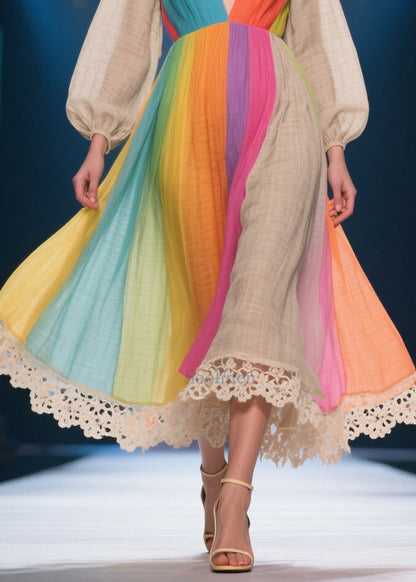 Plus Size Rainbow V Neck Patchwork Linen Party Dress Lantern Sleeve