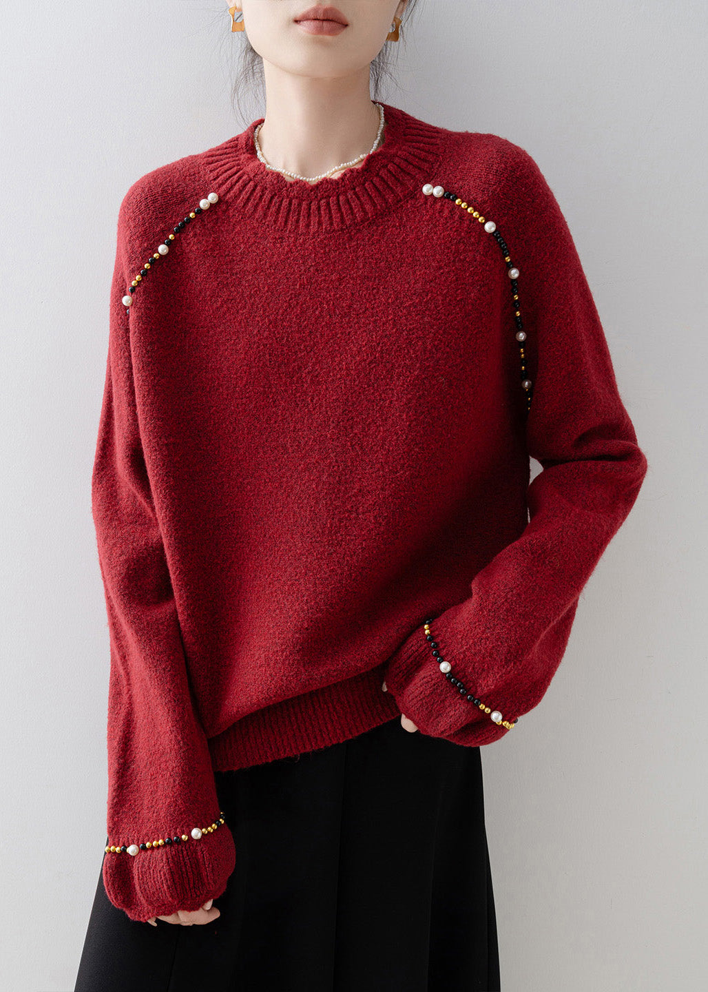 Plus Size Red O Neck Nail Bead Knit Sweater Spring