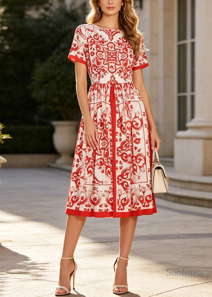 Plus Size Red Print Exra Large Hem Cotton Tea Dresses Summer