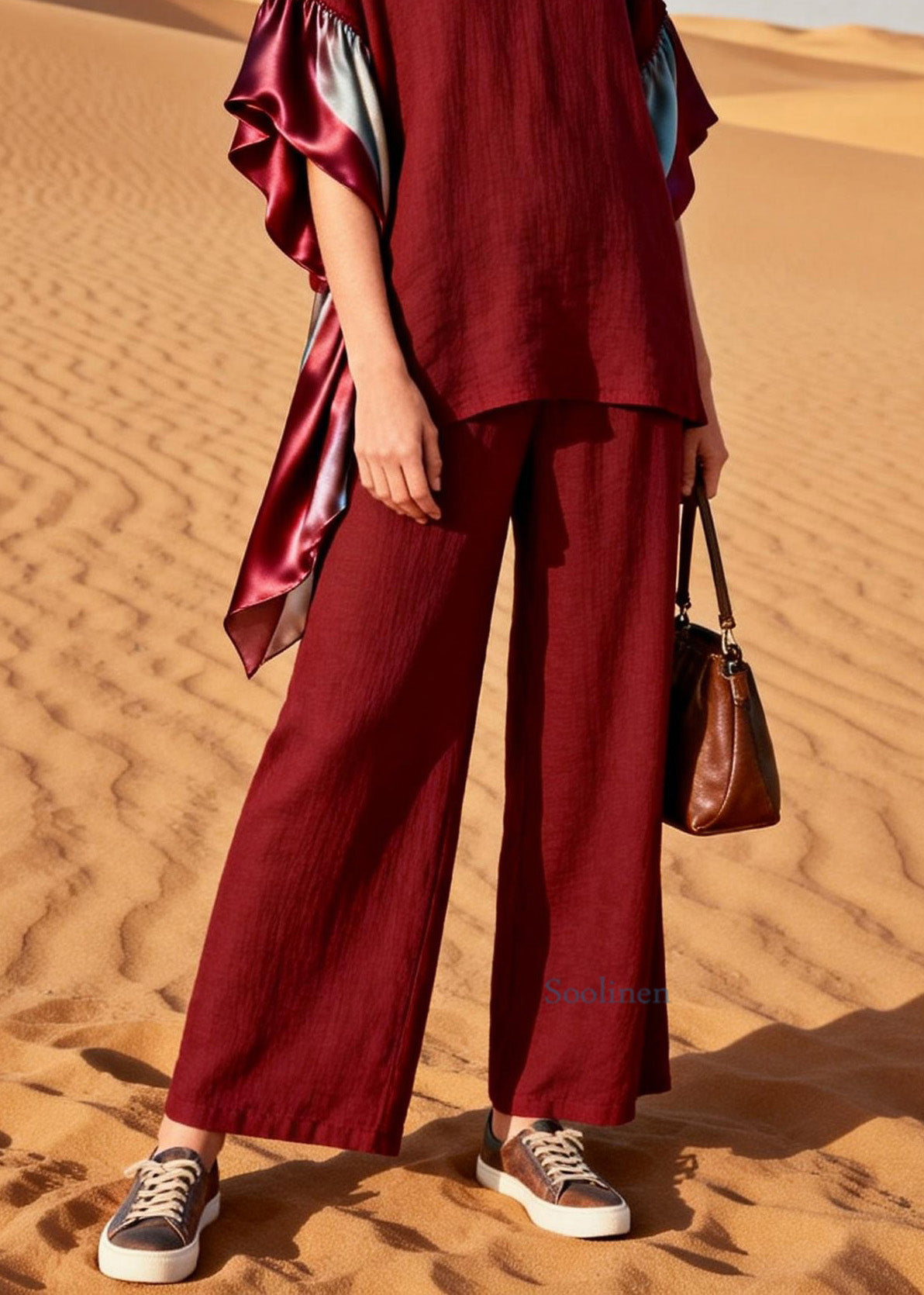 Plus Size Red V Neck Patchwork Linen Silk Two Pieces Set Summer