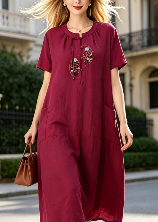 Plus Size Rose Embroidered Pockets Cotton Long Dress Summer