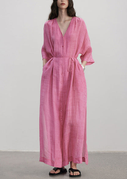 Plus Size Rose V Neck Button Pockets Linen Dress Summer