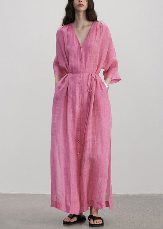 Plus Size Rose V Neck Button Pockets Linen Dress Summer