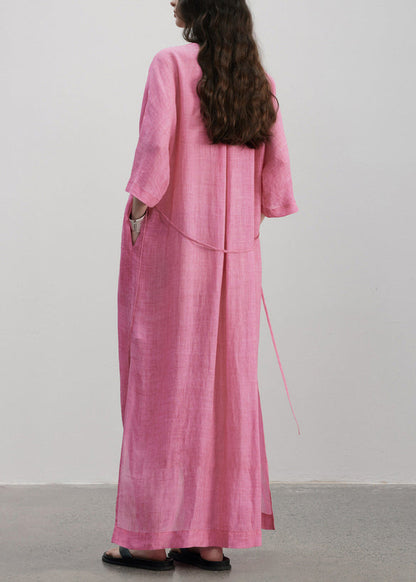 Plus Size Rose V Neck Button Pockets Linen Dress Summer