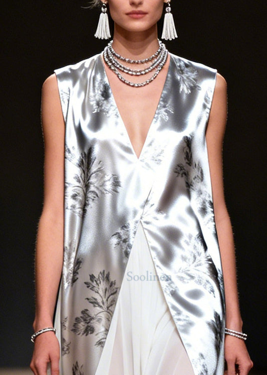 Plus Size Silvery Print Patchwork Chiffon Fake Two Piece Dress Sleeveless