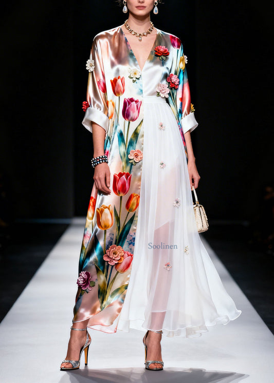 Plus Size V Neck Asymmetrical Design Floral Silk Dress Summer
